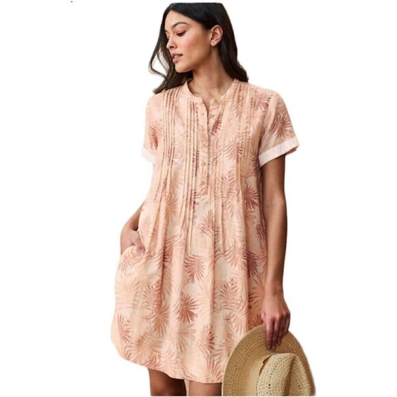 Faherty Womens Palm Print Cuffed Pintuck Gemina Linen Shift Dress Tan Medium NWO - Picture 1 of 11
